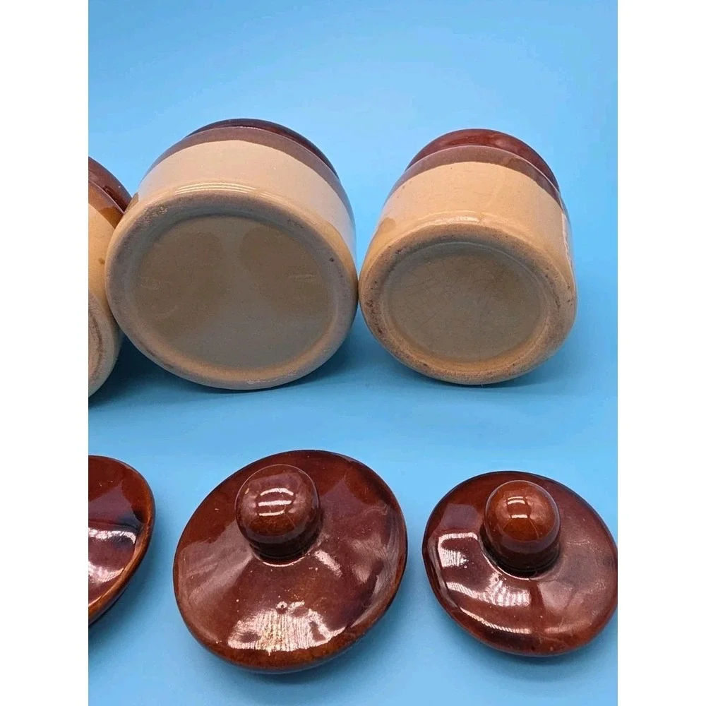 4 Brown & Tan Stoneware Crocks 3 Tone Jars with Lids 2.75